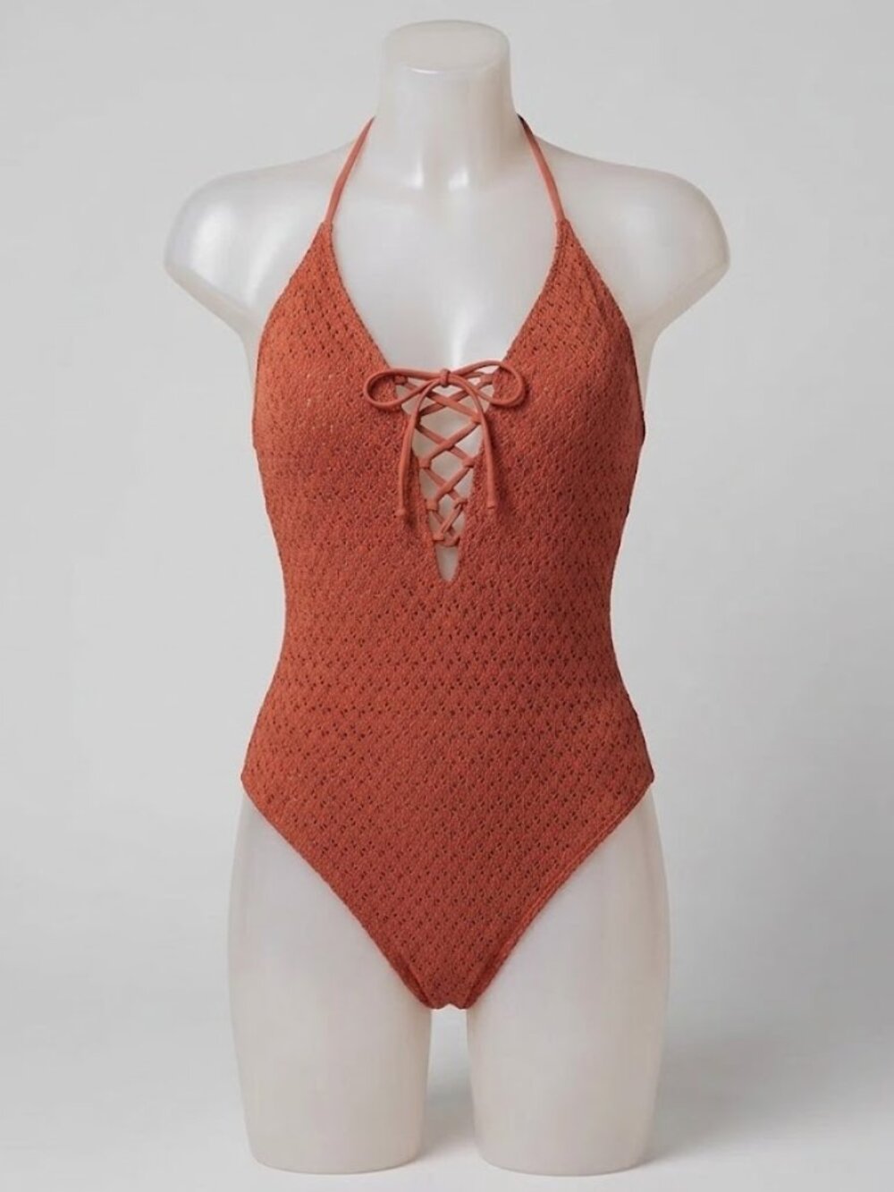 Hollister Medium Crochet One Piece Swimsuit Rust Halter Lace Up High Cut Beach
